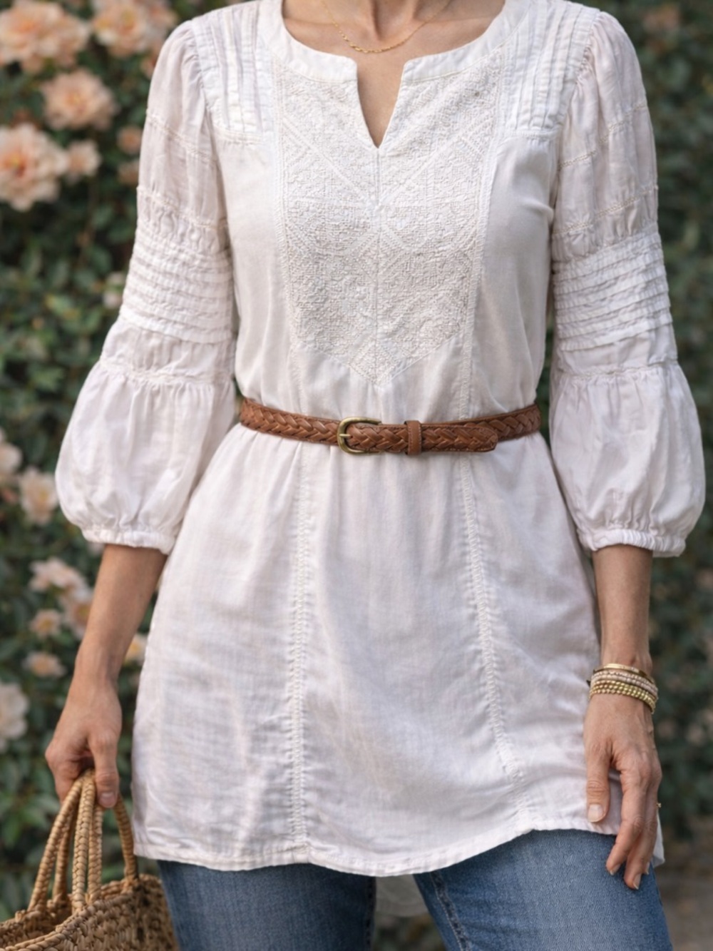 Culture White Boho Embroidered Tunic Top Balloon Sleeve Medium